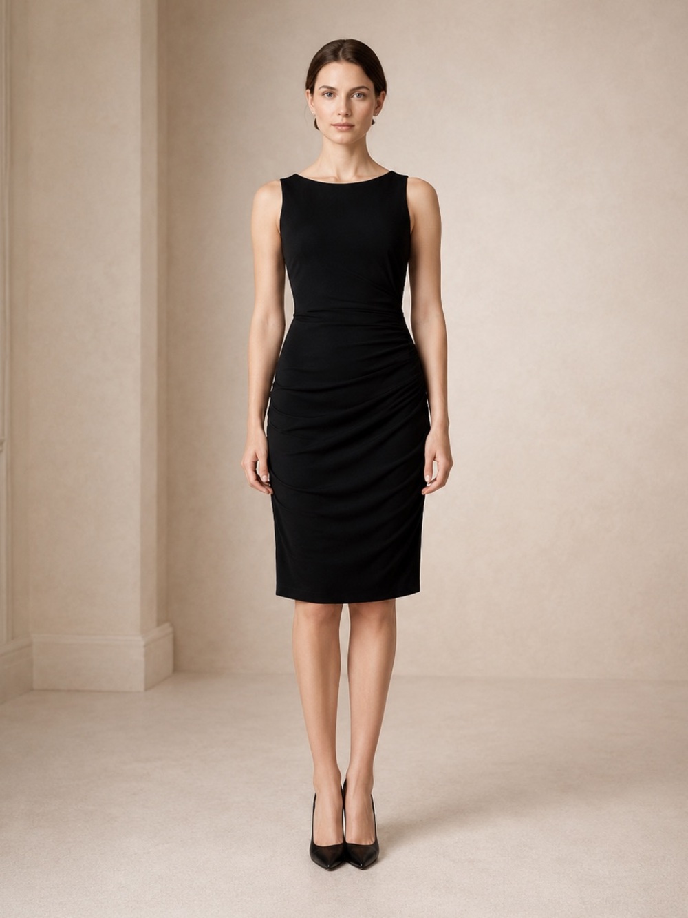 Lauren Ralph Lauren Black Ruched Dress Size 6 Knee Length Stretch Date Work